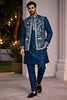 Traditional Teal Blue Embroidered Kurta Pyjama with Designer Printed Nehru Jacket for Men