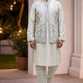 Handsome Cream Embroidered Kurta Pyjama with Designer Floral Printed Nehru Jacket for Men