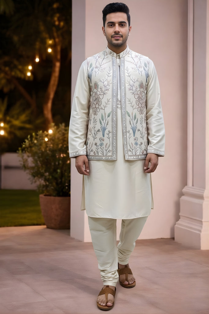Handsome Cream Embroidered Kurta Pyjama with Designer Floral Printed Nehru Jacket for Men