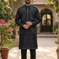 Nawabi Black Embroidered Kurta Pyjama with Designer Nehru Jacket for Men