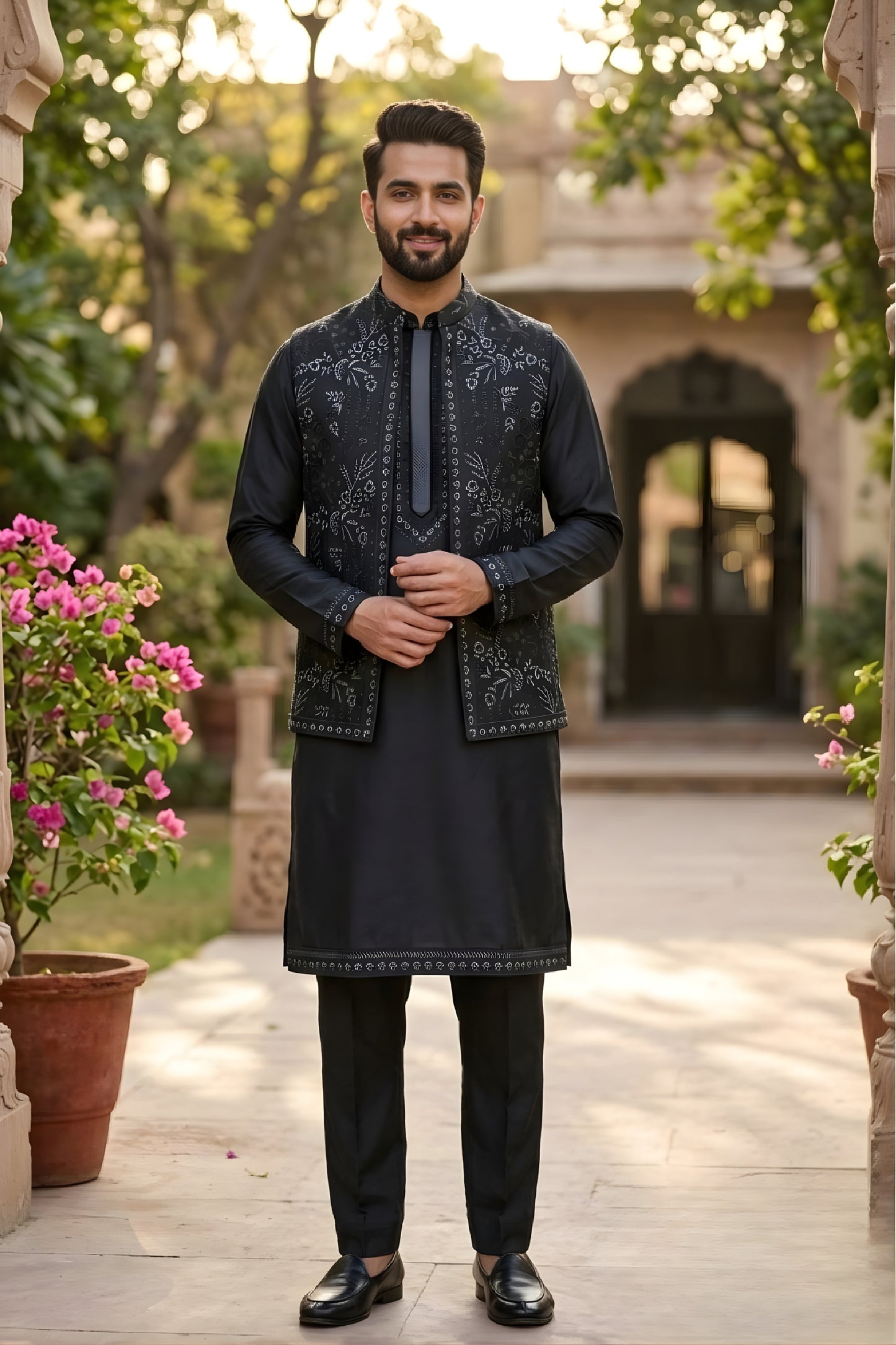 Nawabi Black Embroidered Kurta Pyjama with Designer Nehru Jacket for Men