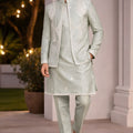 Refreshing Pista Green Embroidered Kurta Pyjama with Designer Nehru Jacket for Men