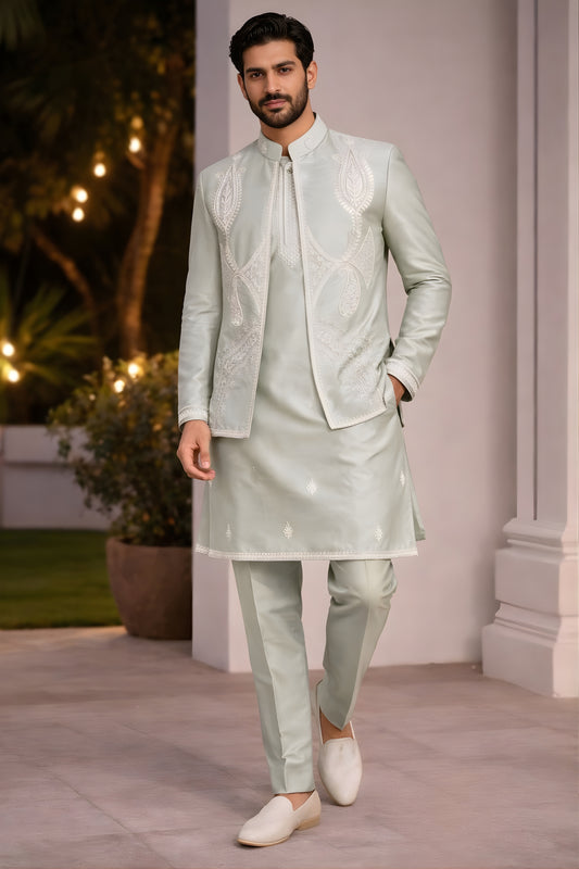 Refreshing Pista Green Embroidered Kurta Pyjama with Designer Nehru Jacket for Men