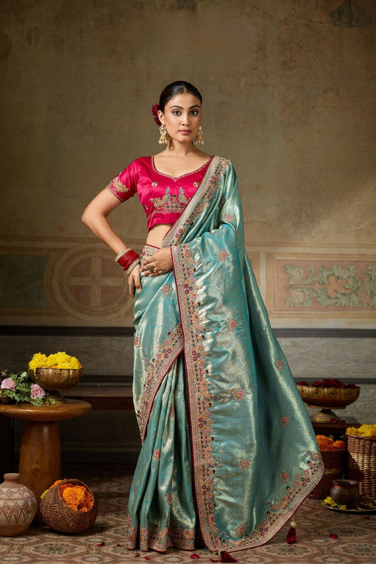 Graceful Sea Green Banarasi Silk Saree Embroidery Zari Threads Work for Women