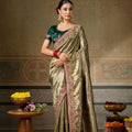 Grateful Olive Green Banarasi Silk Saree Embroidery Zari Threads Work for Women