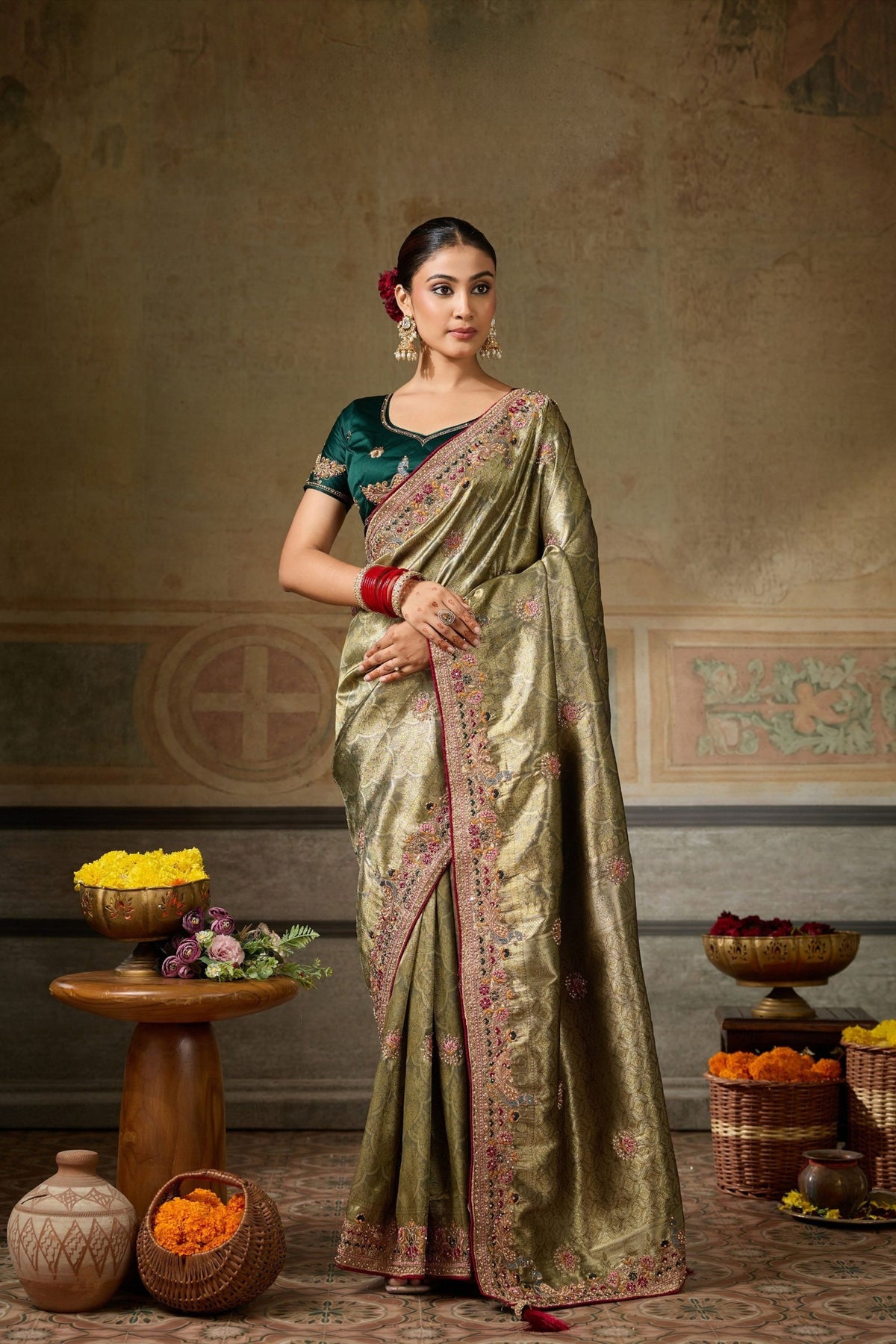 Grateful Olive Green Banarasi Silk Saree Embroidery Zari Threads Work for Women