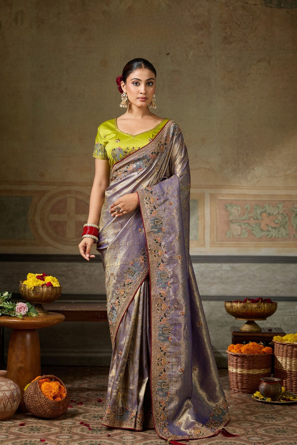 Stylish Lavender Banarasi Silk Saree Embroidery Zari Threads Work for Women