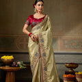 Premium Beige Banarasi Silk Saree Embroidery Zari Threads Work for Women