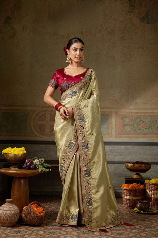 Premium Beige Banarasi Silk Saree Embroidery Zari Threads Work for Women