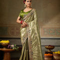 Vibrant Olive Green Banarasi Silk Saree Embroidery Zari Threads Work for Women