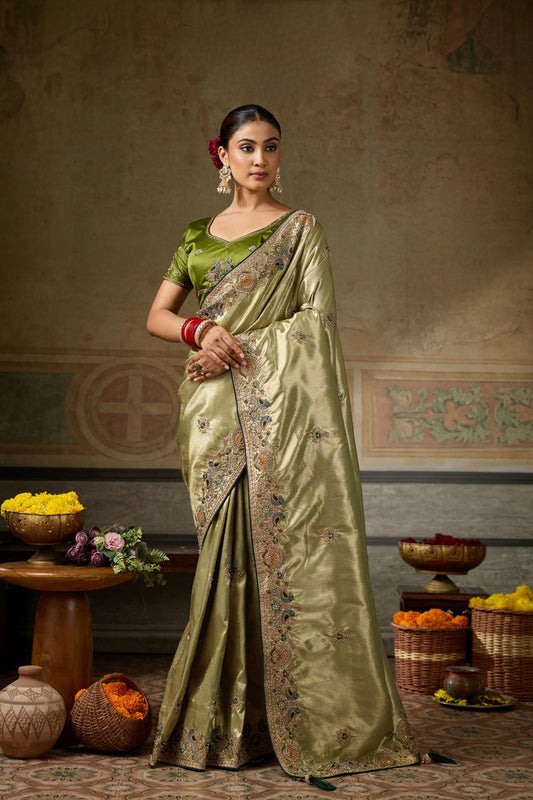 Vibrant Olive Green Banarasi Silk Saree Embroidery Zari Threads Work for Women