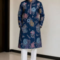 Outstanding Navy Blue Satin Embroidered Party Wear Kurta Pajama for Men