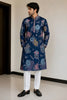 Outstanding Navy Blue Satin Embroidered Party Wear Kurta Pajama for Men