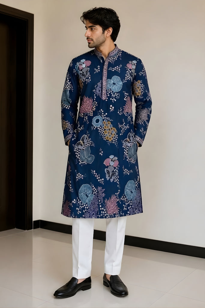 Outstanding Navy Blue Satin Embroidered Party Wear Kurta Pajama for Men