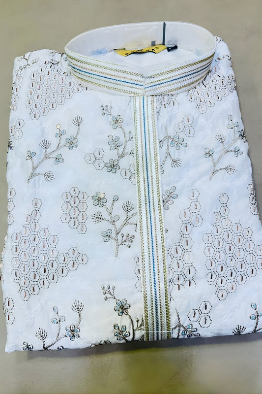 Premium Off White Fendy Silk Embroidered Party Wear Kurta Pajama for Men