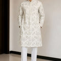 Premium Off White Fendy Silk Embroidered Party Wear Kurta Pajama for Men