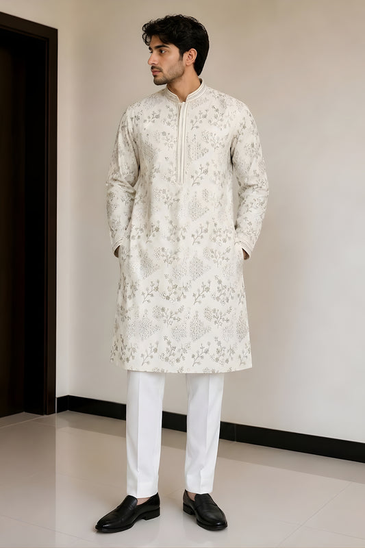 Premium Off White Fendy Silk Embroidered Party Wear Kurta Pajama for Men
