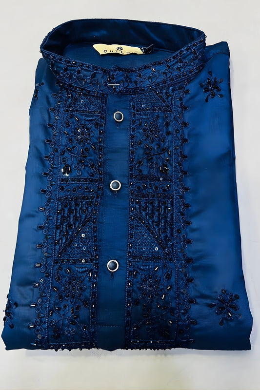 Traditional Navy Blue Cotton Embroidered Party Wear Kurta Pajama for Men