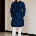 Traditional Navy Blue Cotton Embroidered Party Wear Kurta Pajama for Men