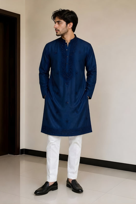 Traditional Navy Blue Cotton Embroidered Party Wear Kurta Pajama for Men