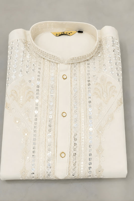 Stylish Off White Fendy Silk Embroidered Party Wear Kurta Pajama for Men