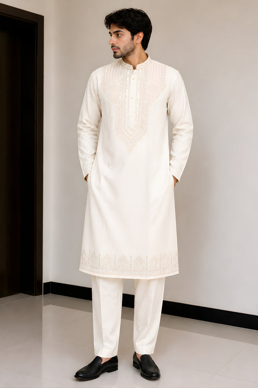 Stylish Off White Fendy Silk Embroidered Party Wear Kurta Pajama for Men