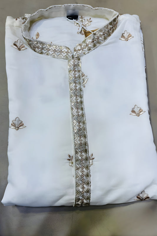 Trendy Off White Fendy Silk Embroidered Party Wear Kurta Pajama for Men