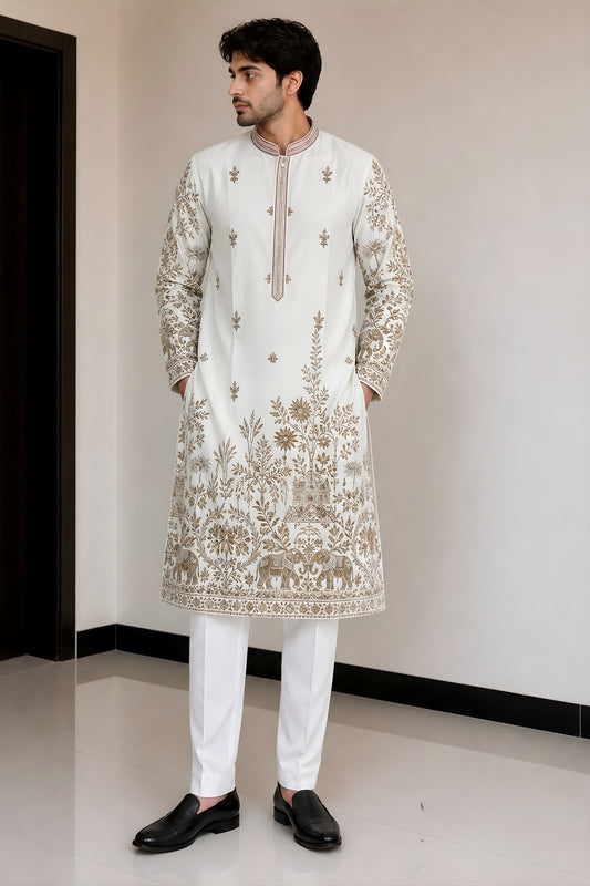 Trendy Off White Fendy Silk Embroidered Party Wear Kurta Pajama for Men
