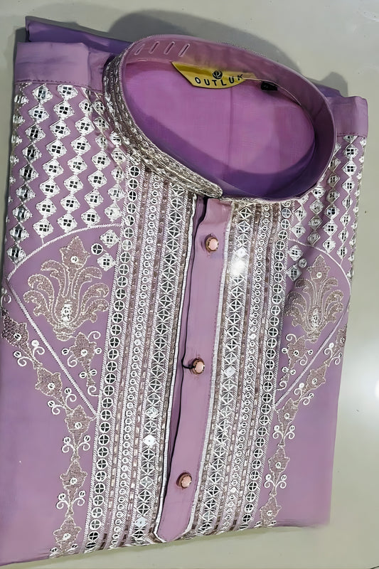 Amazing Pink Fendy Silk Embroidered Party Wear Kurta Pajama for Men