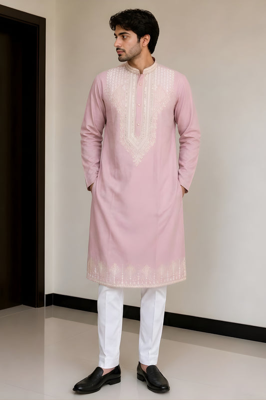 Amazing Pink Fendy Silk Embroidered Party Wear Kurta Pajama for Men