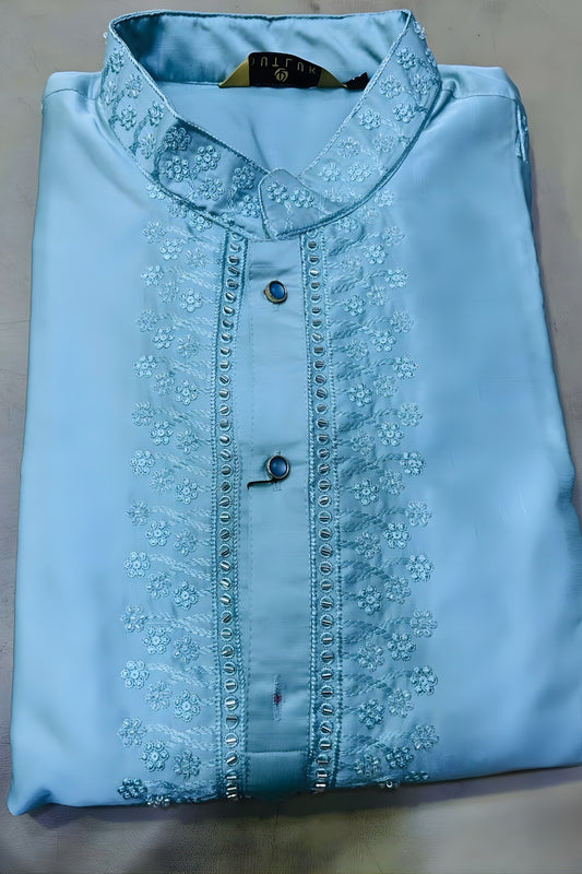 Stunning Sky Blue Satin Embroidered Party Wear Kurta Pajama for Men