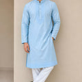 Stunning Sky Blue Satin Embroidered Party Wear Kurta Pajama for Men