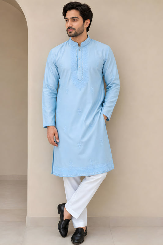 Stunning Sky Blue Satin Embroidered Party Wear Kurta Pajama for Men