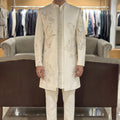 Luxury Off White Embroidered Designer Kurta Pyjama with Jacket for Men
