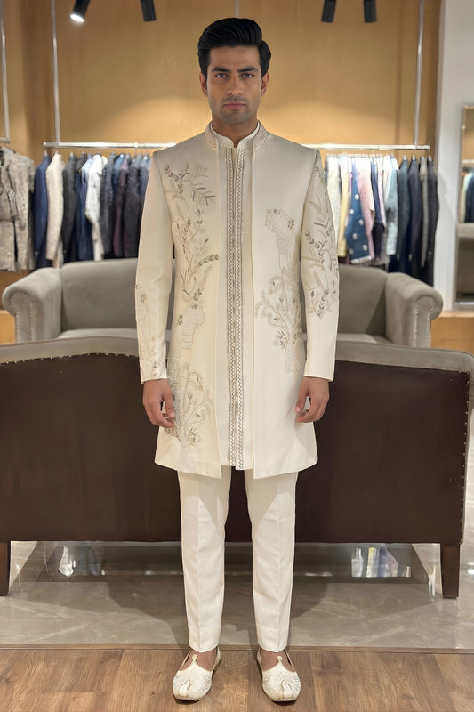 Luxury Off White Embroidered Designer Kurta Pyjama with Jacket for Men