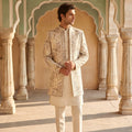 Stylish Cream Embroidered Designer Kurta Pyjama with Jacket for Men