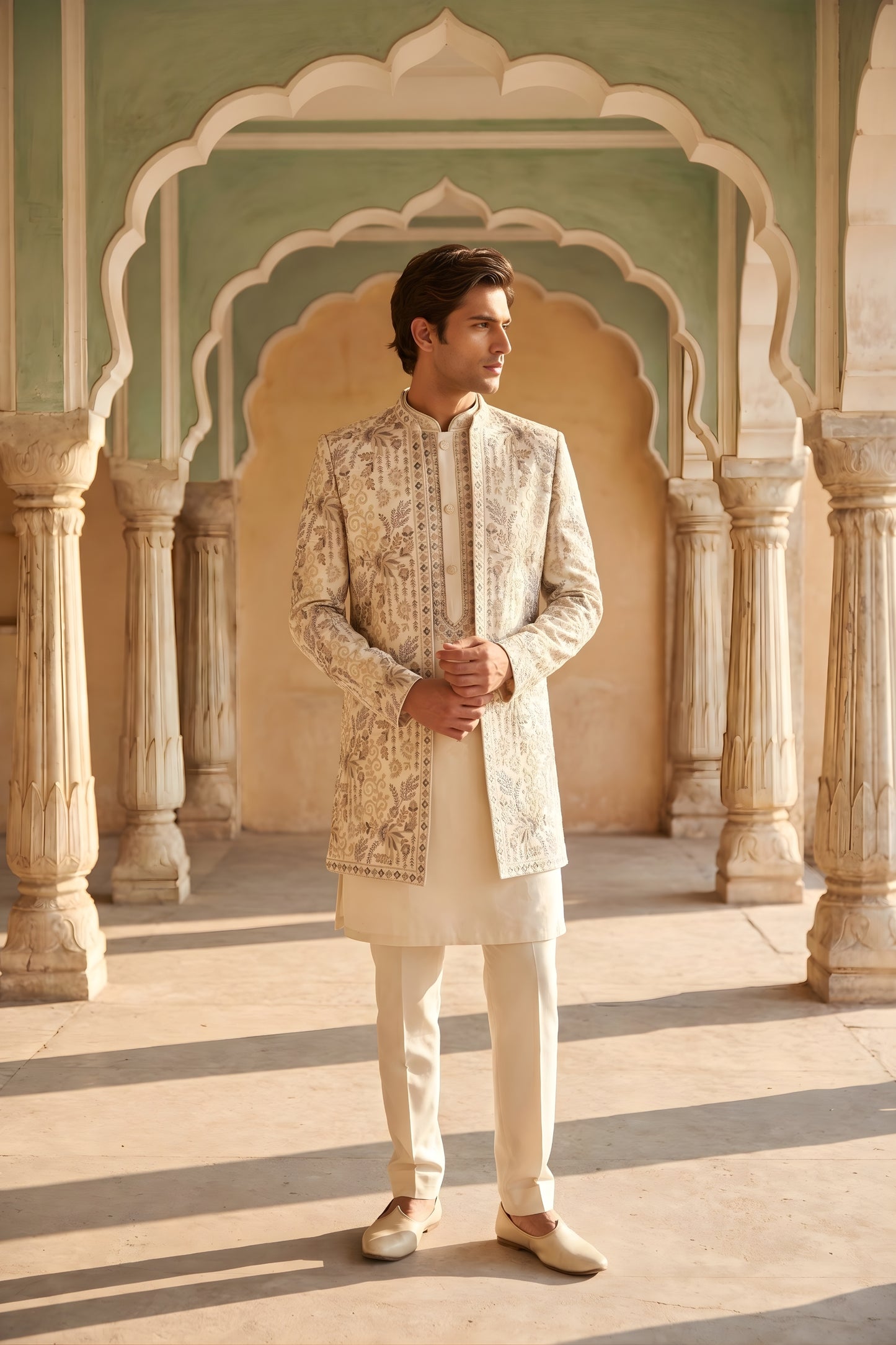 Stylish Cream Embroidered Designer Kurta Pyjama with Jacket for Men
