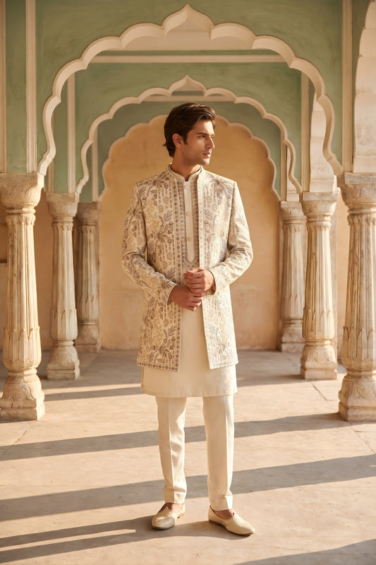 Stylish Cream Embroidered Designer Kurta Pyjama with Jacket for Men