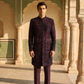 Elegant Dark Wine Embroidered Designer Kurta Pyjama with Jacket for Men