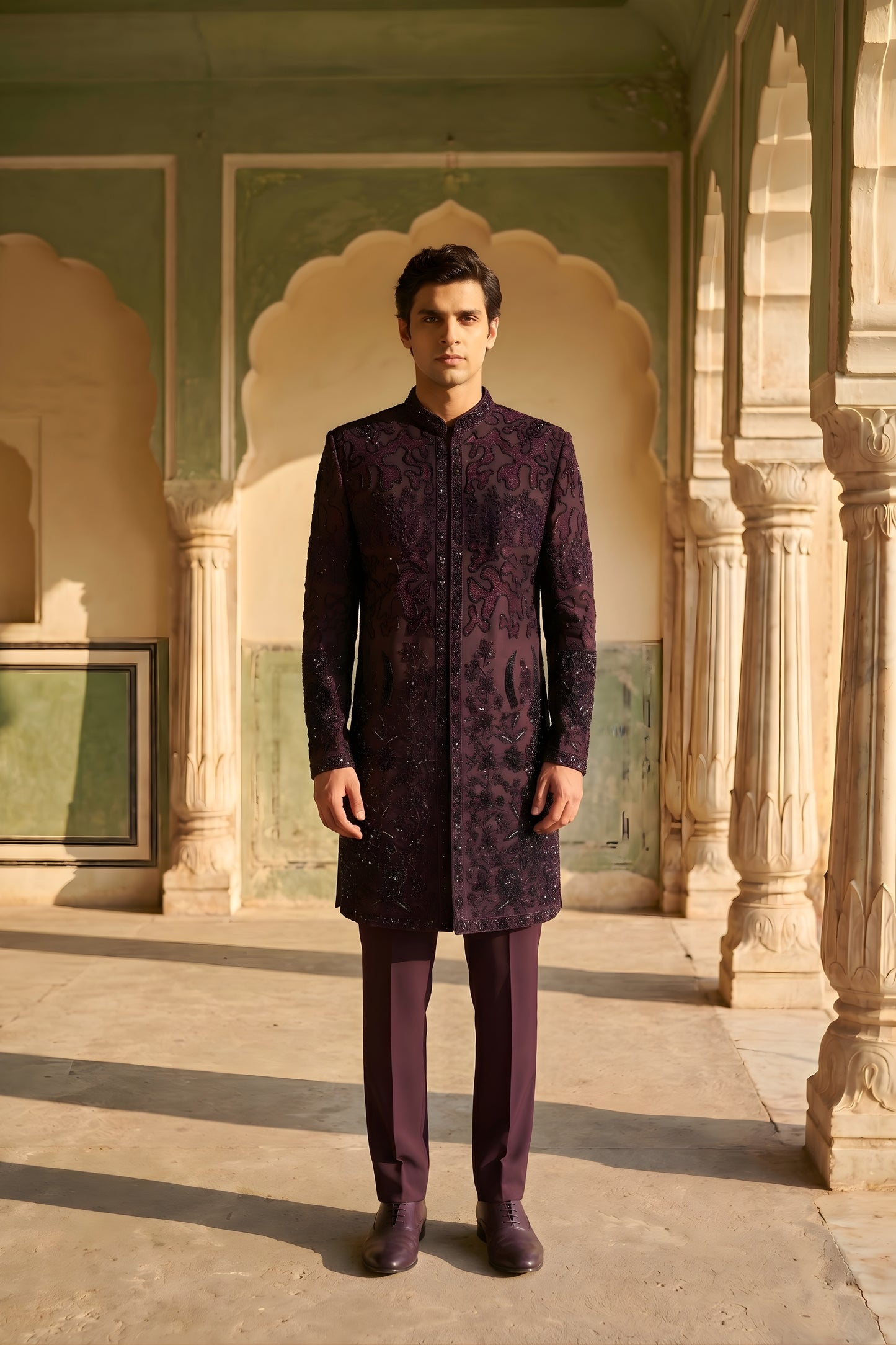 Elegant Dark Wine Embroidered Designer Kurta Pyjama with Jacket for Men