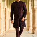 Elegant Dark Wine Embroidered Designer Kurta Pyjama with Jacket for Men