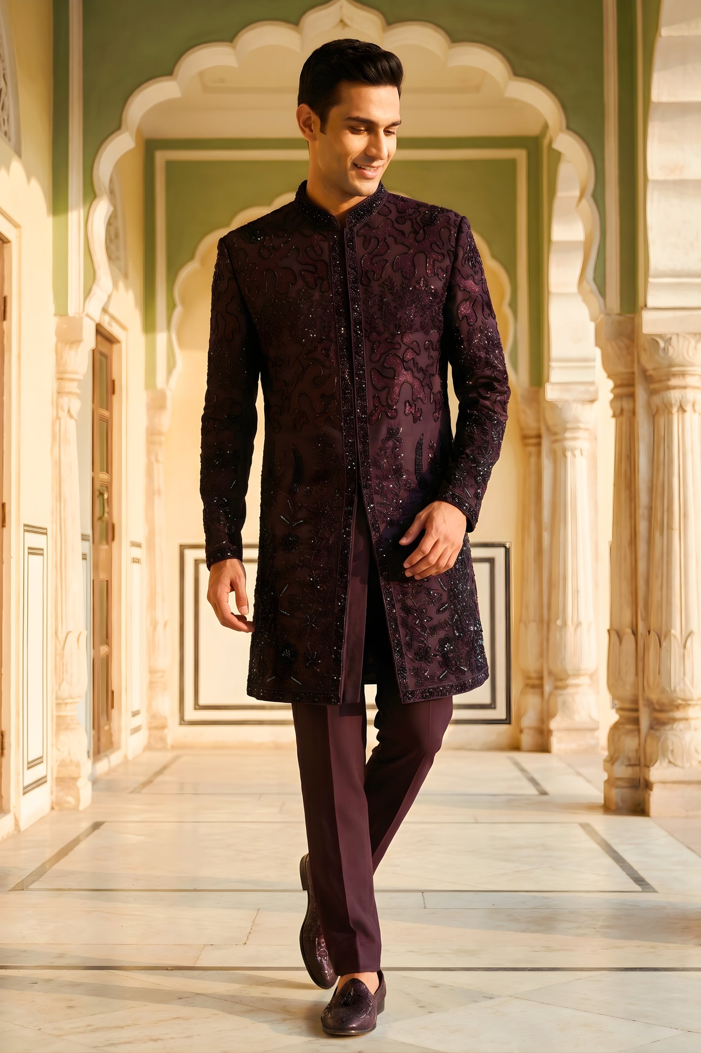 Elegant Dark Wine Embroidered Designer Kurta Pyjama with Jacket for Men