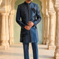 Stunning Teal Blue Embroidered Designer Kurta Pyjama with Jacket for Men
