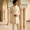 Awesome Off White Embroidered Designer Kurta Pyjama with Jacket for Men