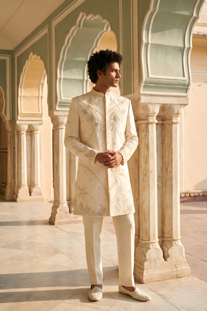 Awesome Off White Embroidered Designer Kurta Pyjama with Jacket for Men