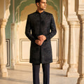 Handsome Black Embroidered Designer Kurta Pyjama with Jacket for Men