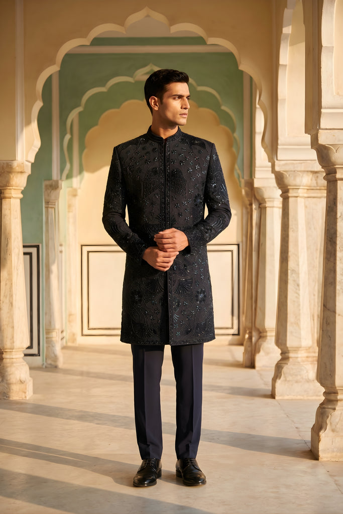 Handsome Black Embroidered Designer Kurta Pyjama with Jacket for Men