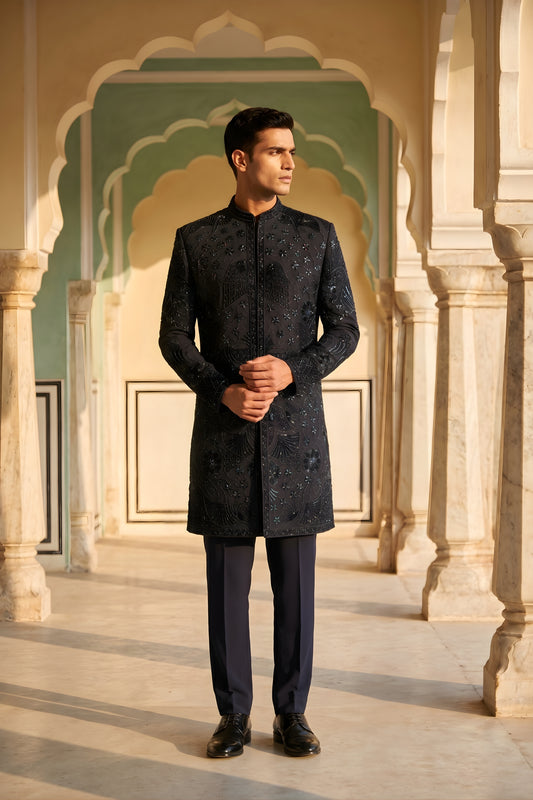 Handsome Black Embroidered Designer Kurta Pyjama with Jacket for Men
