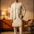 Superb Off White Embroidered Designer Kurta Pyjama with Jacket for Men