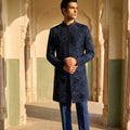 Impressive Navy Blue Embroidered Designer Kurta Pyjama with Jacket for Men